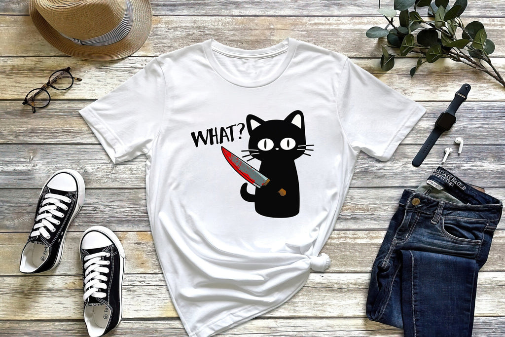 Funny Murder Cat Halloween Shirt, Meme Crewneck Sweatshirt Sweater Costume, Black Cat Graphic Tee, Cat Lover Gift For Her