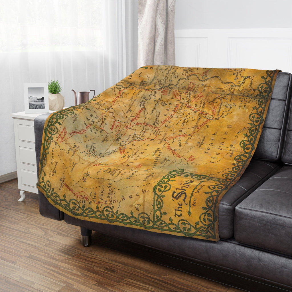Lord of the Rings Shire Hobbiton Map Blanket, Middle Earth LOTR Pillow, Tolkien Gift Fantasy Home Decor