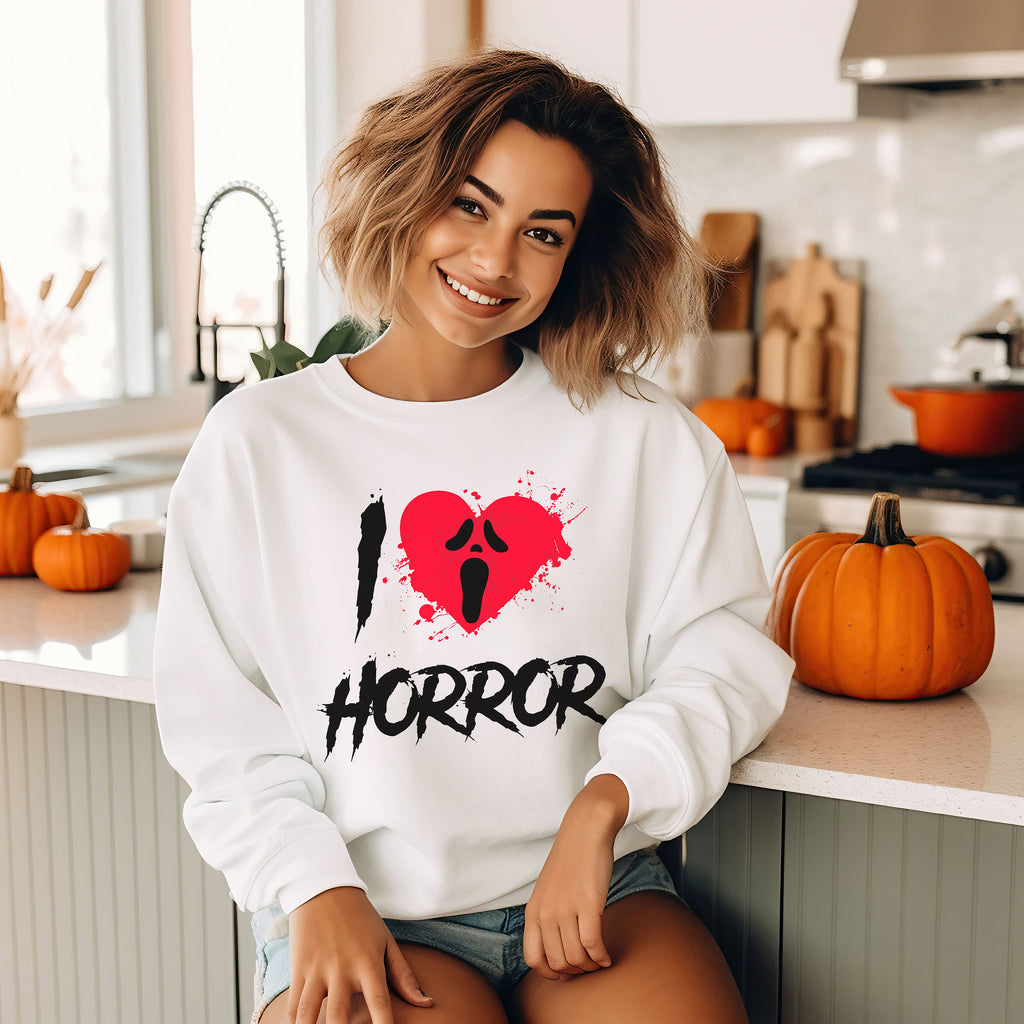 Scream Ghostface I Love Horror Halloween Shirt, Crewneck Sweatshirt Sweater Costume, Scary Movie Graphic Tee