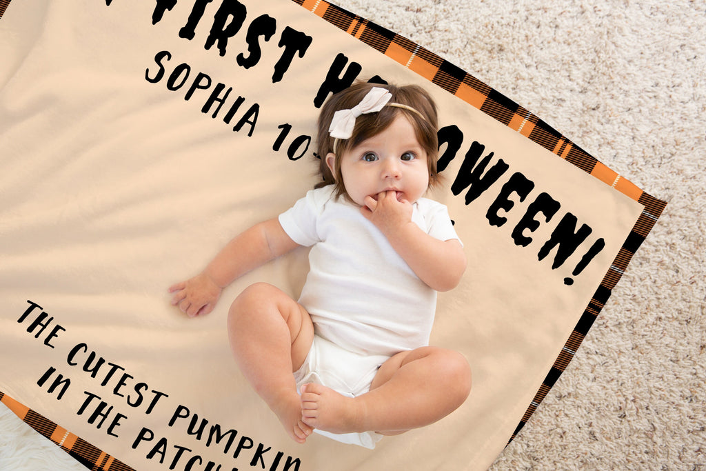 My First Halloween Custom Baby Name Milestone Blanket, Personalized October Blanket, Autumn Nursery, Expecting Mom Fall Baby Shower Gift