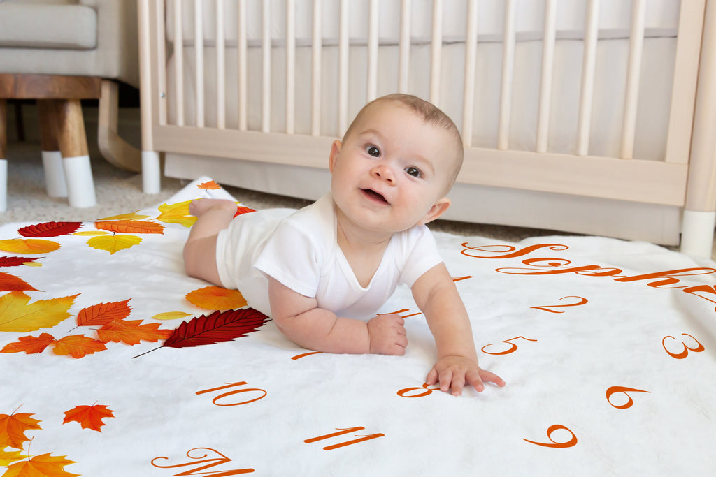 Custom Fall Leaves Baby Name Milestone Blanket, Personalized Autumn Baby Blanket, October Infant Nursery, Expecting Mom Baby Shower Gift