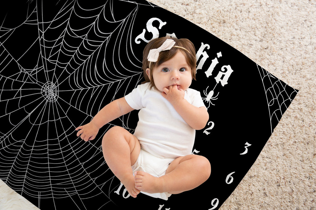Custom Halloween Baby Name Milestone Blanket, Personalized Spooky Baby Blanket, Goth Infant Nursery, Expecting Mom Baby Shower Gift