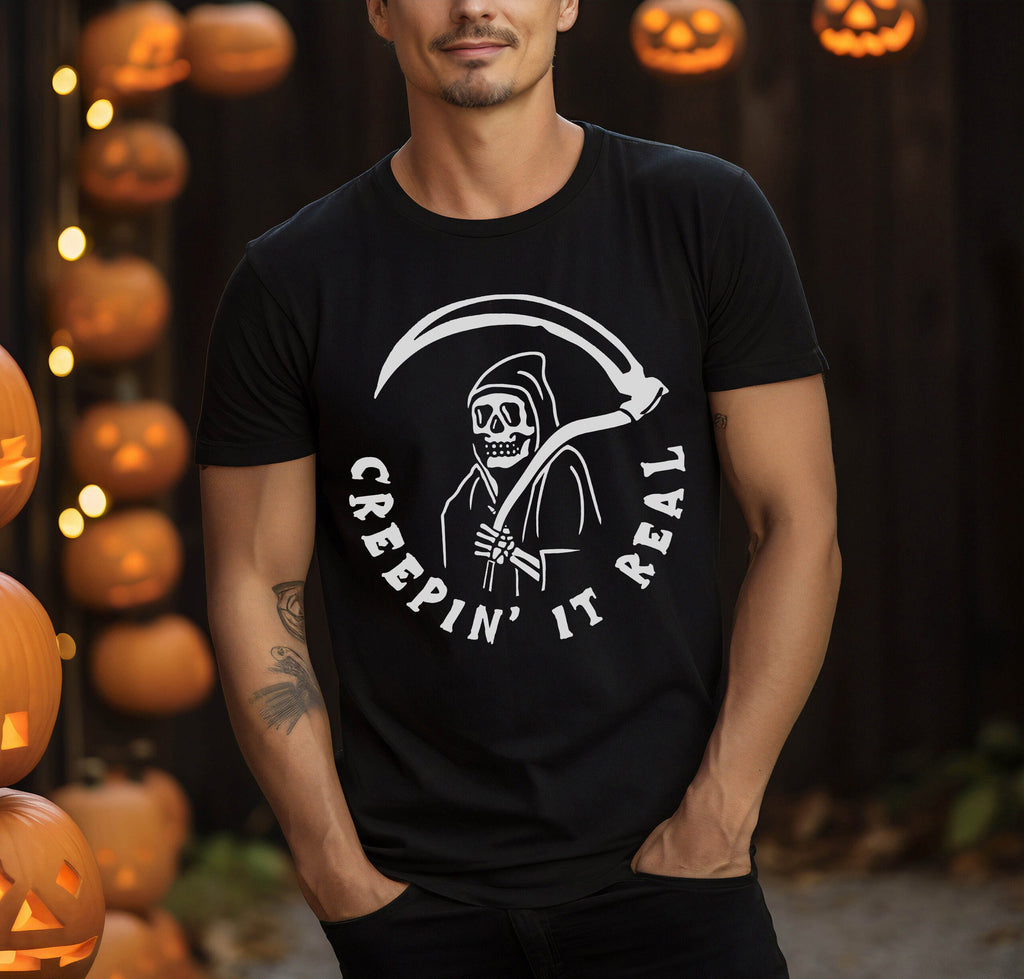 Creepin It Real Halloween Sweatshirt, Grim Reaper Crewneck Sweater Shirt Costume, Spooky Funny Graphic Tee