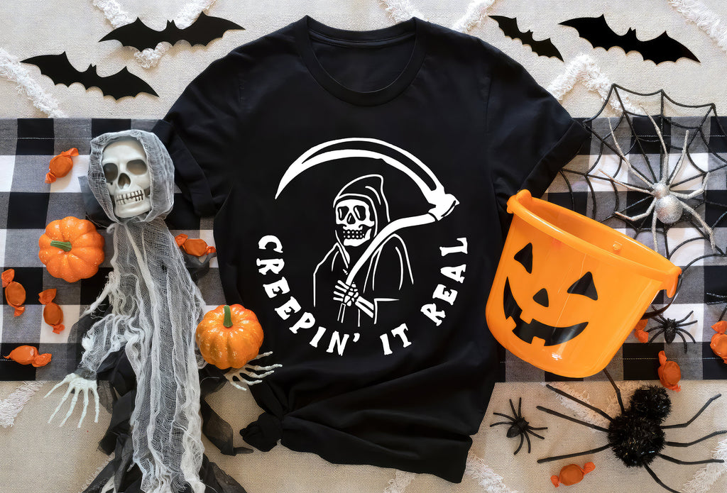 Creepin It Real Halloween Sweatshirt, Grim Reaper Crewneck Sweater Shirt Costume, Spooky Funny Graphic Tee
