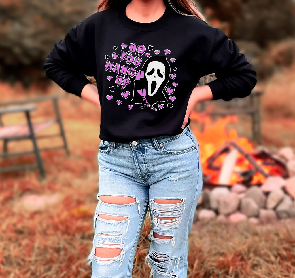 Scream Ghostface No You Hang Up Halloween Shirt, Crewneck Sweatshirt Sweater Costume, Horror Movie Graphic Tee