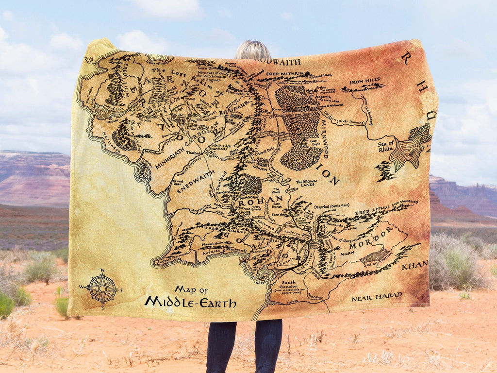 Lord of the Rings Middle Earth Map Fleece Minky Blanket, LOTR Pillow, Silmarillion Tolkien Gift Fantasy Home Decor