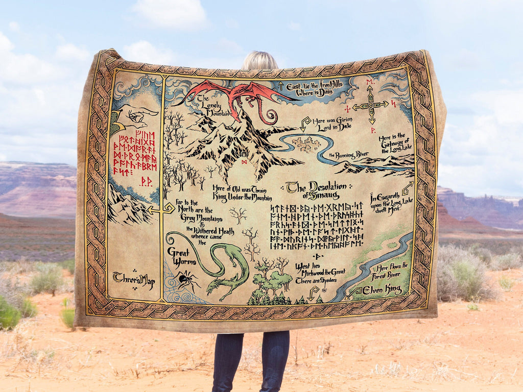Thorin's Map Hobbit Blanket, Lord of the Rings Middle Earth LOTR Pillow, Tolkien Gift Fantasy Home Decor