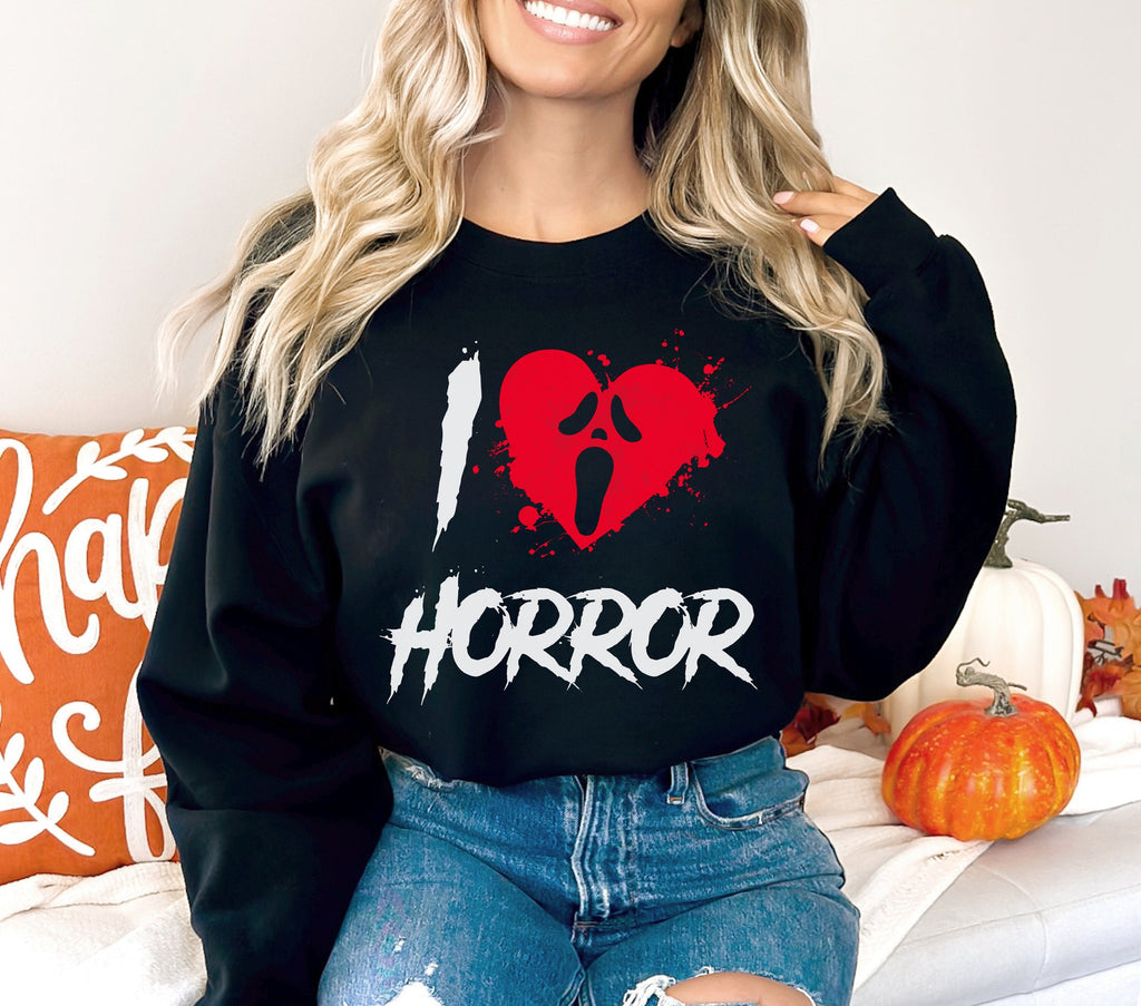 Scream Ghostface I Love Horror Halloween Shirt, Crewneck Sweatshirt Sweater Costume, Scary Movie Graphic Tee