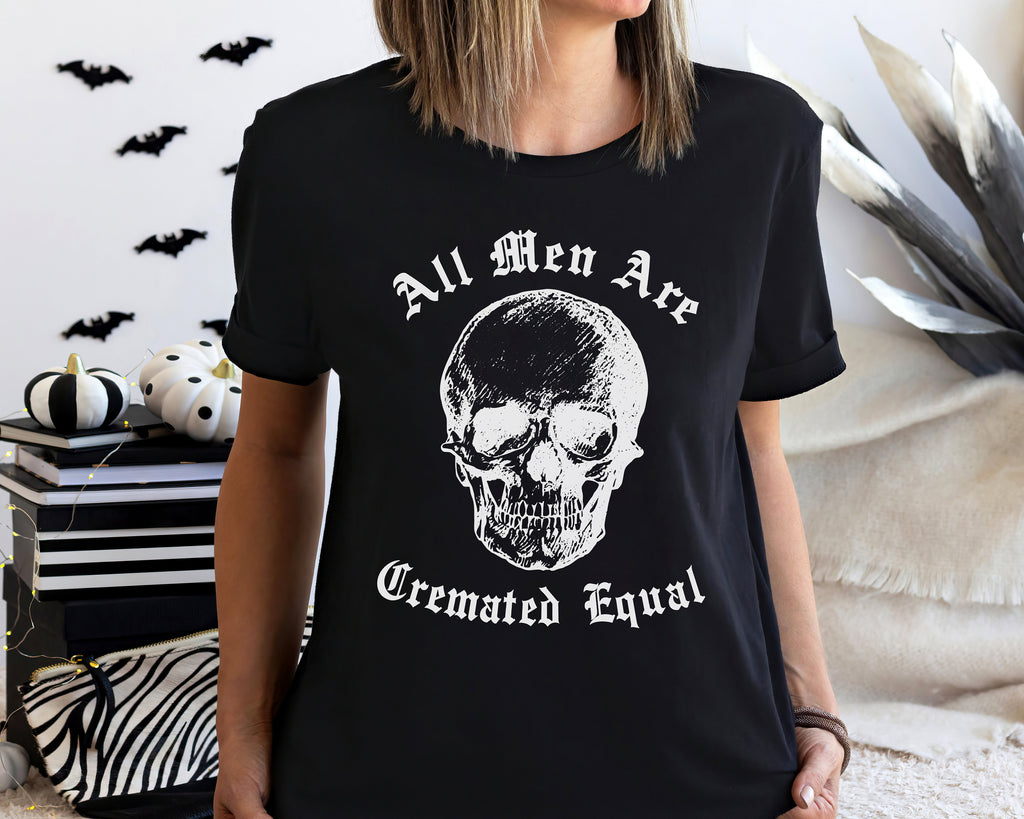 Cremated Equal Skull Halloween Shirt, Funny Gothic Crewneck Sweatshirt Sweater Costume, Spooky Dark Humor Goth Graphic Tee