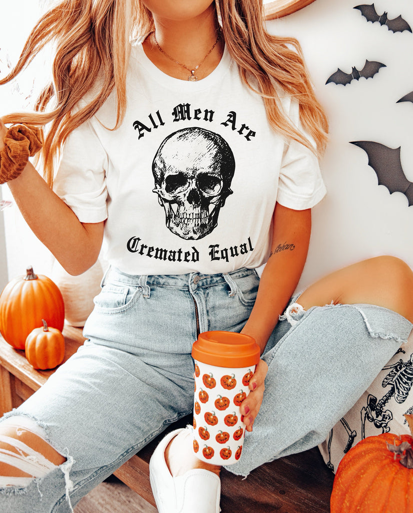 Cremated Equal Skull Halloween Sweatshirt, Funny Gothic Shirt Crewneck Sweater Costume, Spooky Dark Humor Goth Graphic Tee