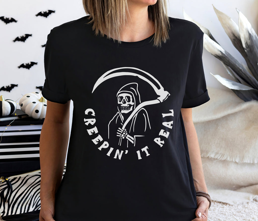 Spooky Halloween Shirt, Grim Reaper Crewneck Sweatshirt Sweater Costume, Creepin It Real Funny Graphic Tee