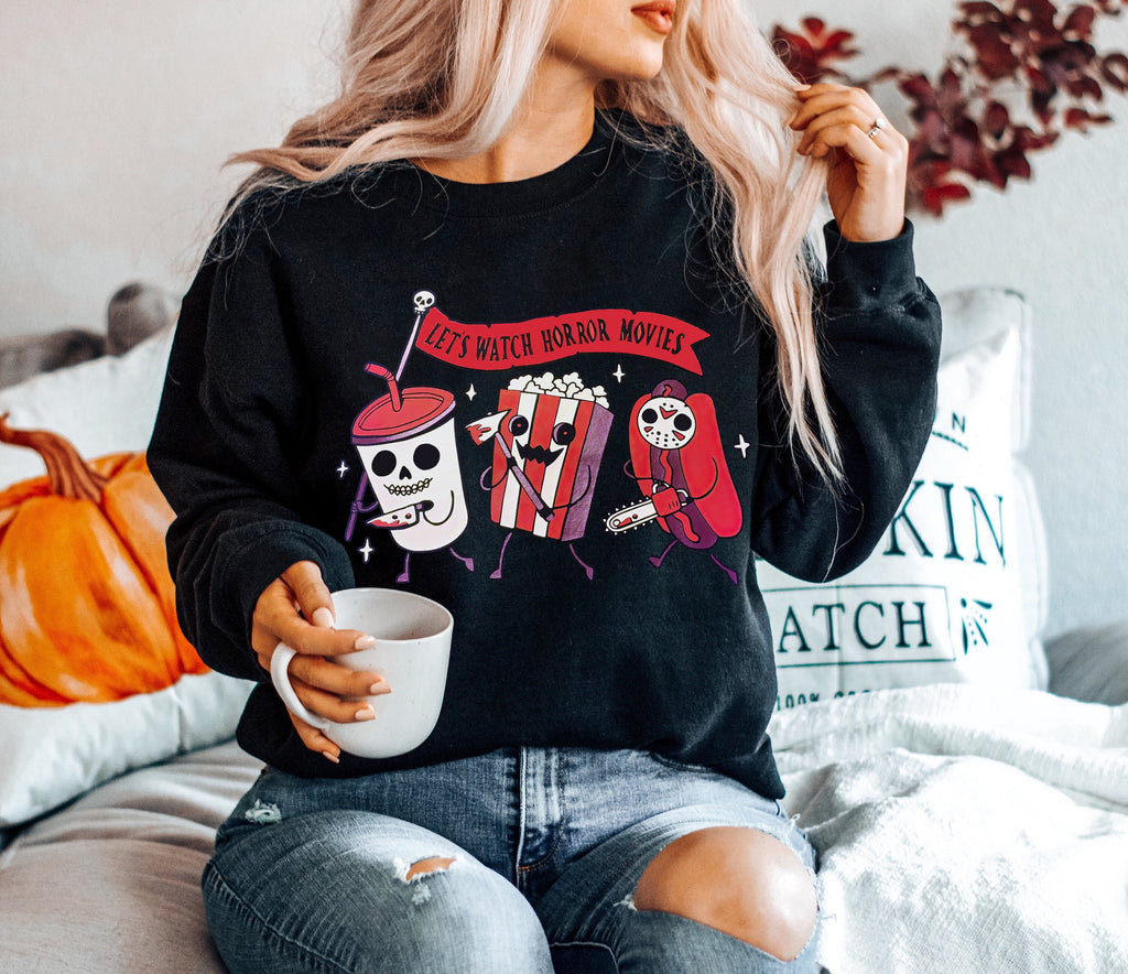 Retro Halloween Sweatshirt, Scary Horror Movies Shirt Crewneck Sweater Costume, Spooky Graphic Tee