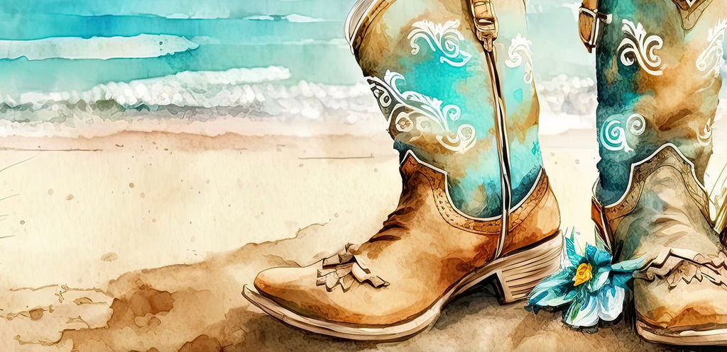 Coastal Cowgirl Boots Beach Art Print Boho Wall Decor Watercolor Painting Wall Art Gift Western Decor