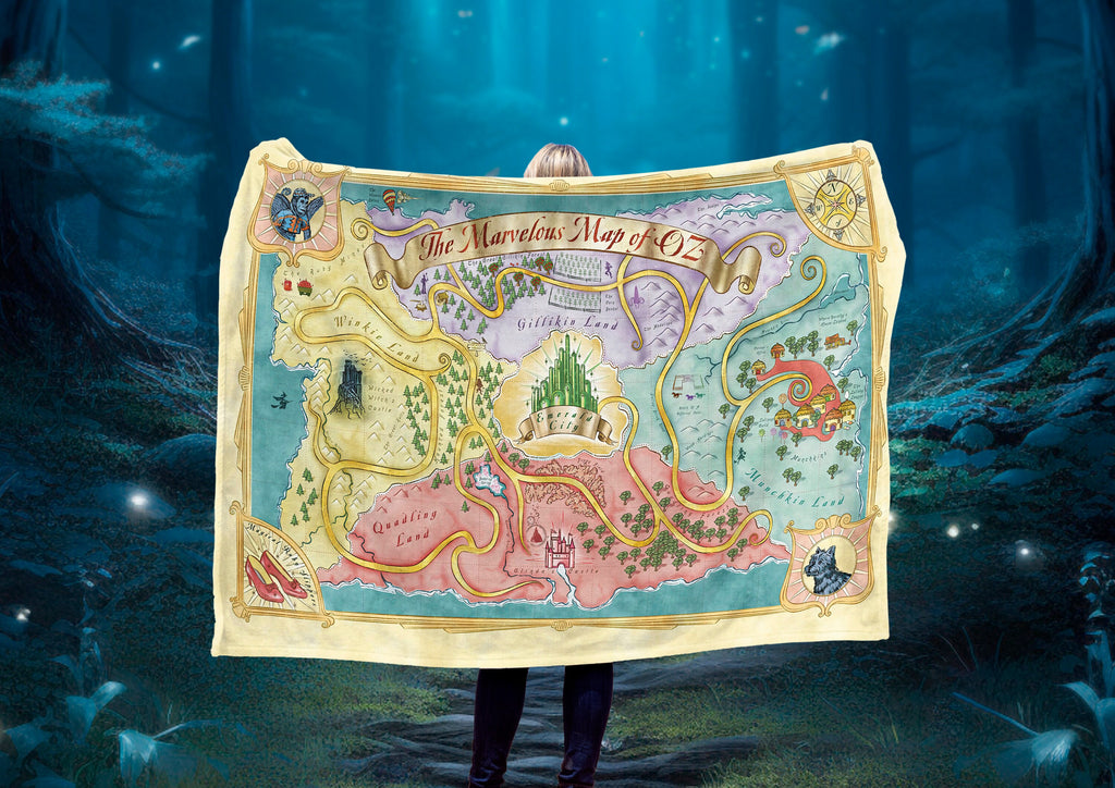 Land of Oz Map Fleece Minky Blanket, Wizard of Oz Pillow, Wicked Fantasy Gift, The Wiz Home Decor
