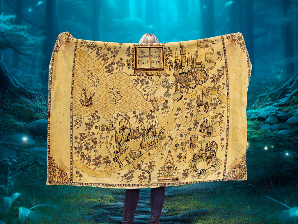 Wizard School Wizarding World Map Fleece Minky Blanket, Potter Pillow, Magic Harry Fantasy Gift Home Decor