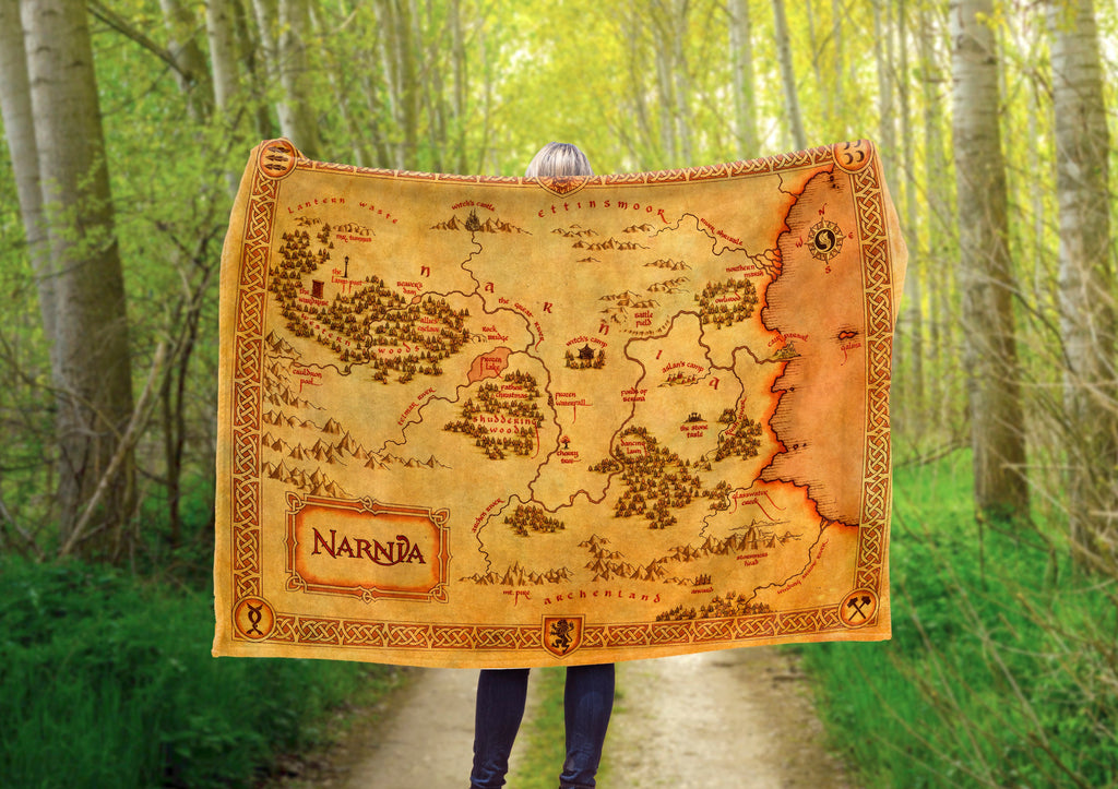 Chronicles of Narnia Map Fleece Minky Blanket, Lion Witch Wardrobe Pillow Fantasy Gift, Literature Home Decor