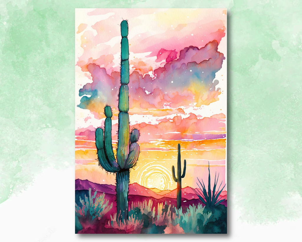 Sonoran Cactus Desert Sunset Wall Art Print Southwest Nature Inspired Watercolor Western Decor Southwestern Landscape Painting