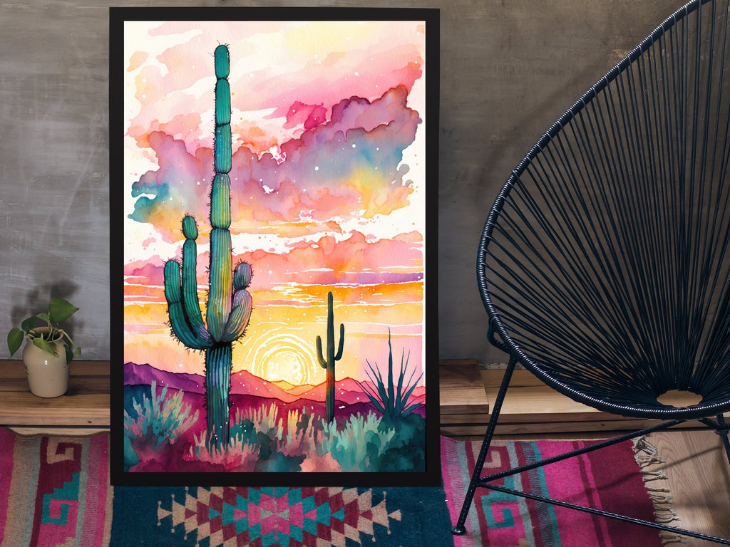 Sonoran Cactus Desert Sunset Wall Art Print Southwest Nature Inspired Watercolor Western Decor Southwestern Landscape Painting