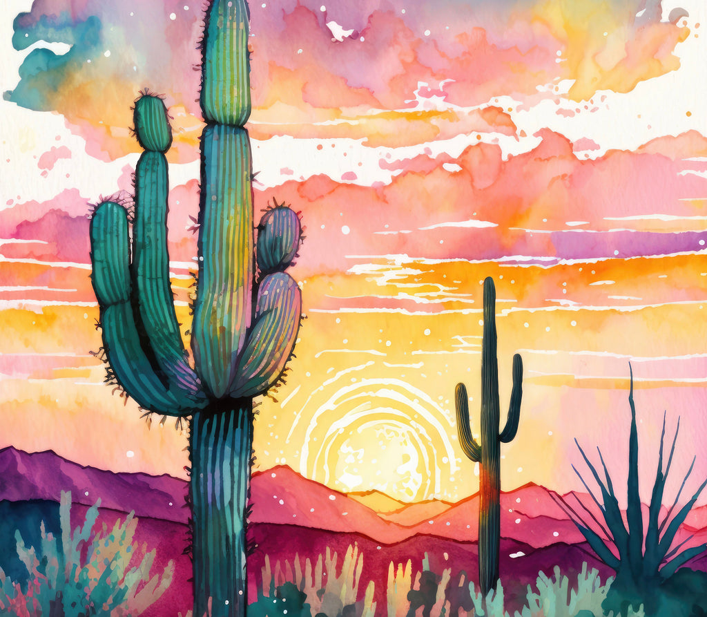 Sonoran Cactus Desert Sunset Wall Art Print Southwest Nature Inspired Watercolor Western Decor Southwestern Landscape Painting