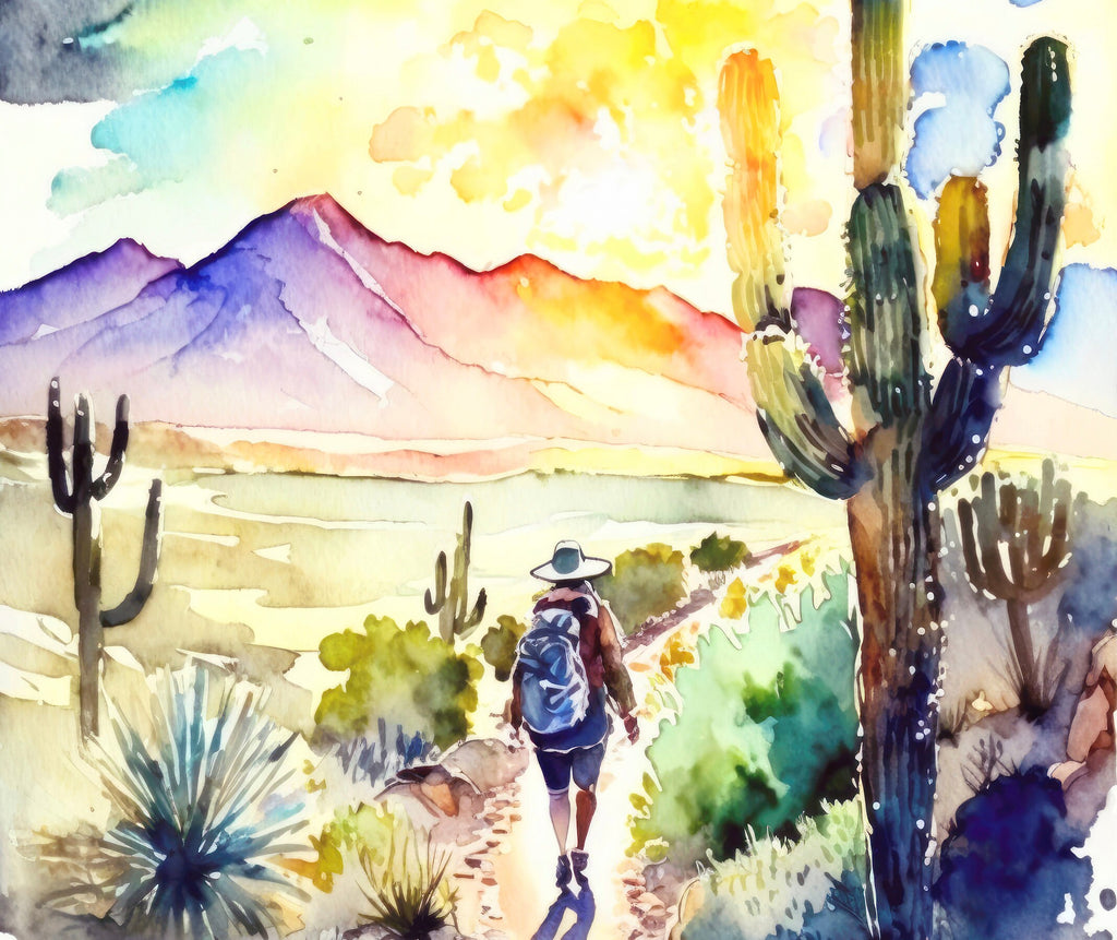 Hiking Desert Trail Sunset Wall Art Backpacking Camping Nature Adventure Unique Outdoorsy Gifts Wanderlust Southwestern Decor