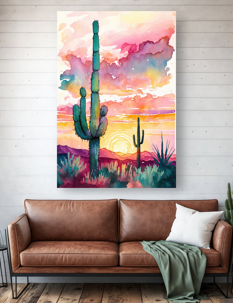 Sonoran Cactus Desert Sunset Wall Art Print Southwest Nature Inspired Watercolor Western Decor Southwestern Landscape Painting