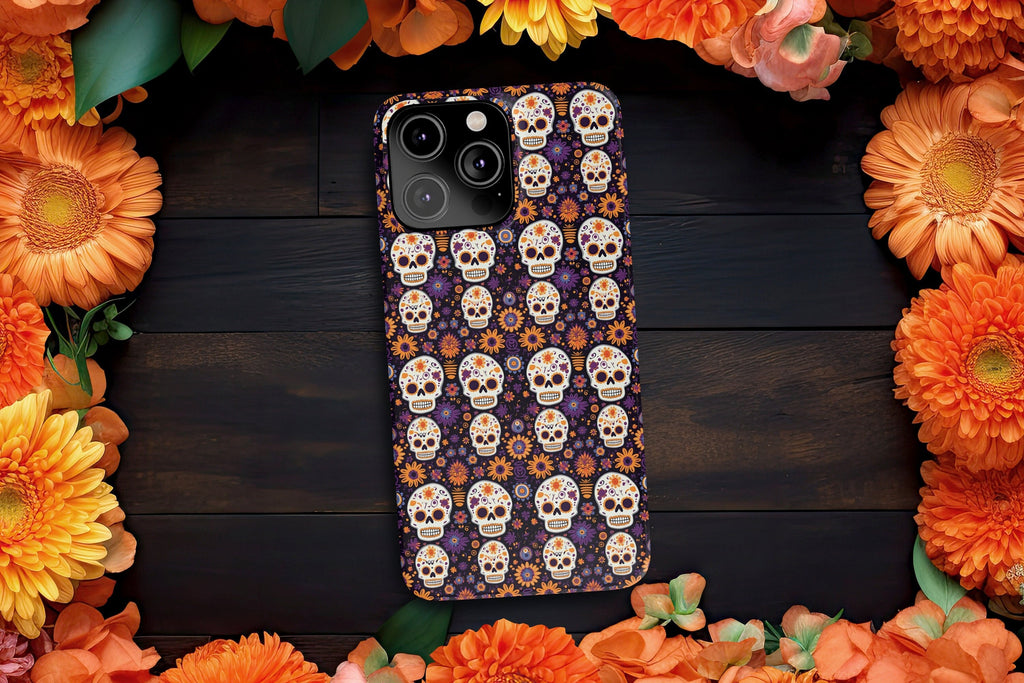 Day of the Dead Sugar Skull iPhone Case 14 13 12 11 Pro XR, Día de los Muertos Calavera, Hard Tough Cover, Mexican Folk Art Gift