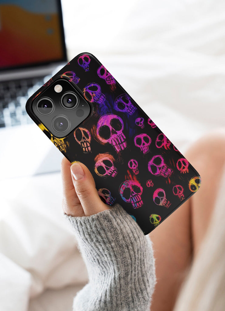 Halloween Spooky Neon Skeleton Skulls iPhone Case 14 13 12 11 Pro XR, Seasonal iPhone Hard Tough Cover, Gothic Fall Lover Gift