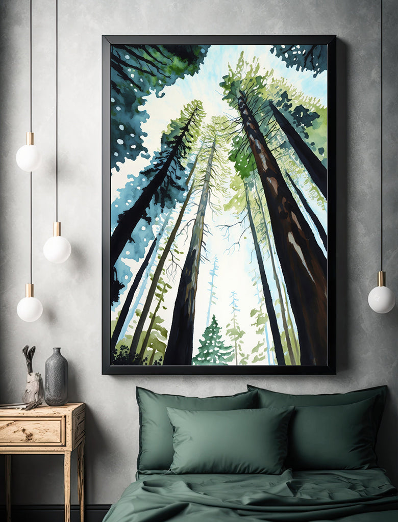 Redwood Tree Forest California Print Sequoia National Park Wall Art Landscape Watercolor Painting Gift Rustic Woodland Home Decor