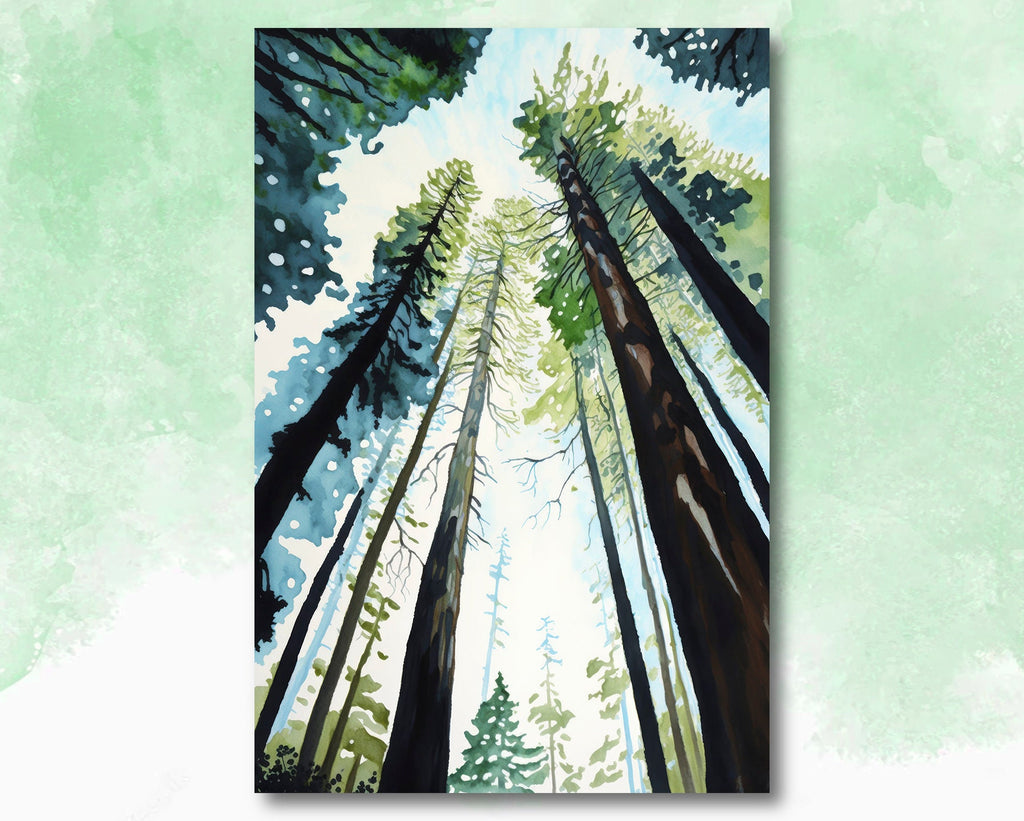 Redwood Tree Forest California Print Sequoia National Park Wall Art Landscape Watercolor Painting Gift Rustic Woodland Home Decor