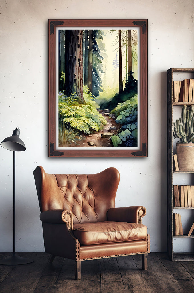 Redwood Tree Forest California Print Sequoia National Park Wall Art Landscape Watercolor Painting Gift Rustic Woodland Home Decor