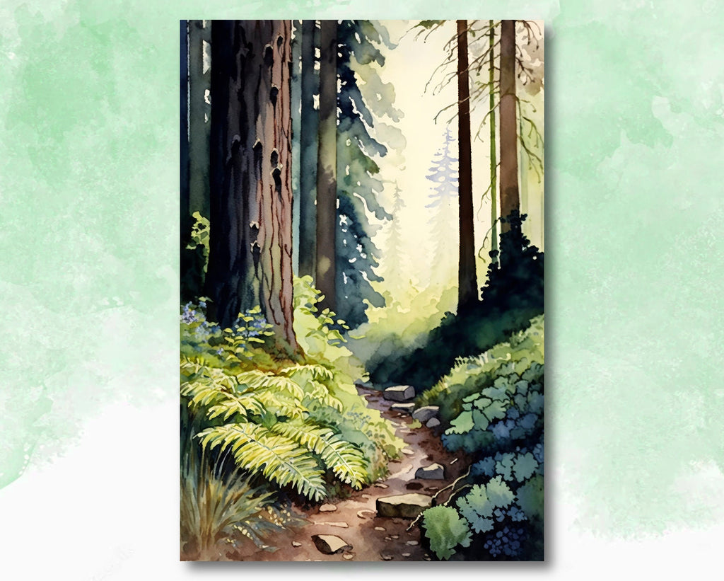 Redwood Tree Forest California Print Sequoia National Park Wall Art Landscape Watercolor Painting Gift Rustic Woodland Home Decor