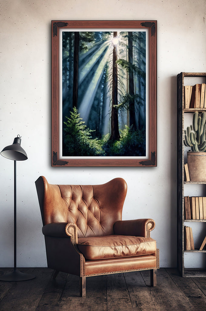 Redwood Tree Forest California Print Sequoia National Park Wall Art Landscape Watercolor Painting Gift Rustic Woodland Home Decor