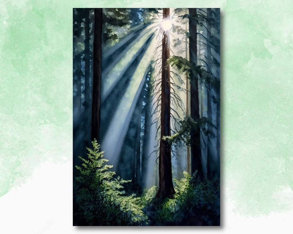 Redwood Tree Forest California Print Sequoia National Park Wall Art Landscape Watercolor Painting Gift Rustic Woodland Home Decor