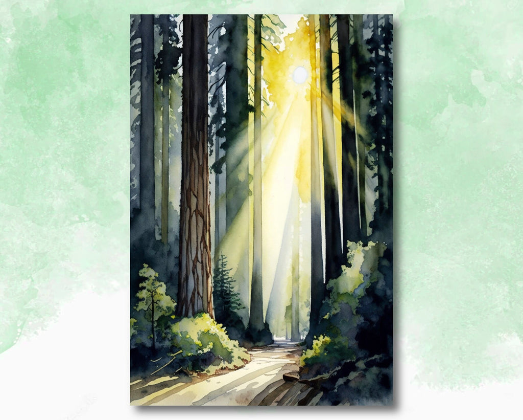 Redwood Tree Forest California Print Sequoia National Park Wall Art Landscape Watercolor Painting Gift Rustic Woodland Home Decor