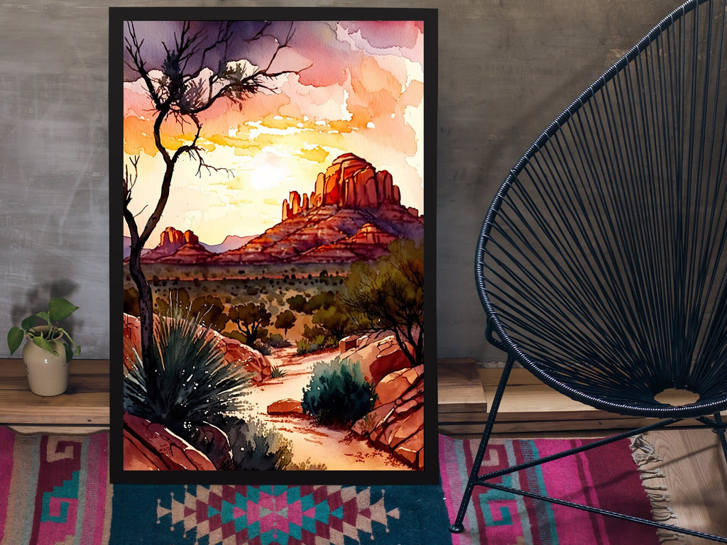 Watercolor Sedona Arizona Sunset Art Print Southwest Wall Art Landscape Gift Desert Home Western Decor