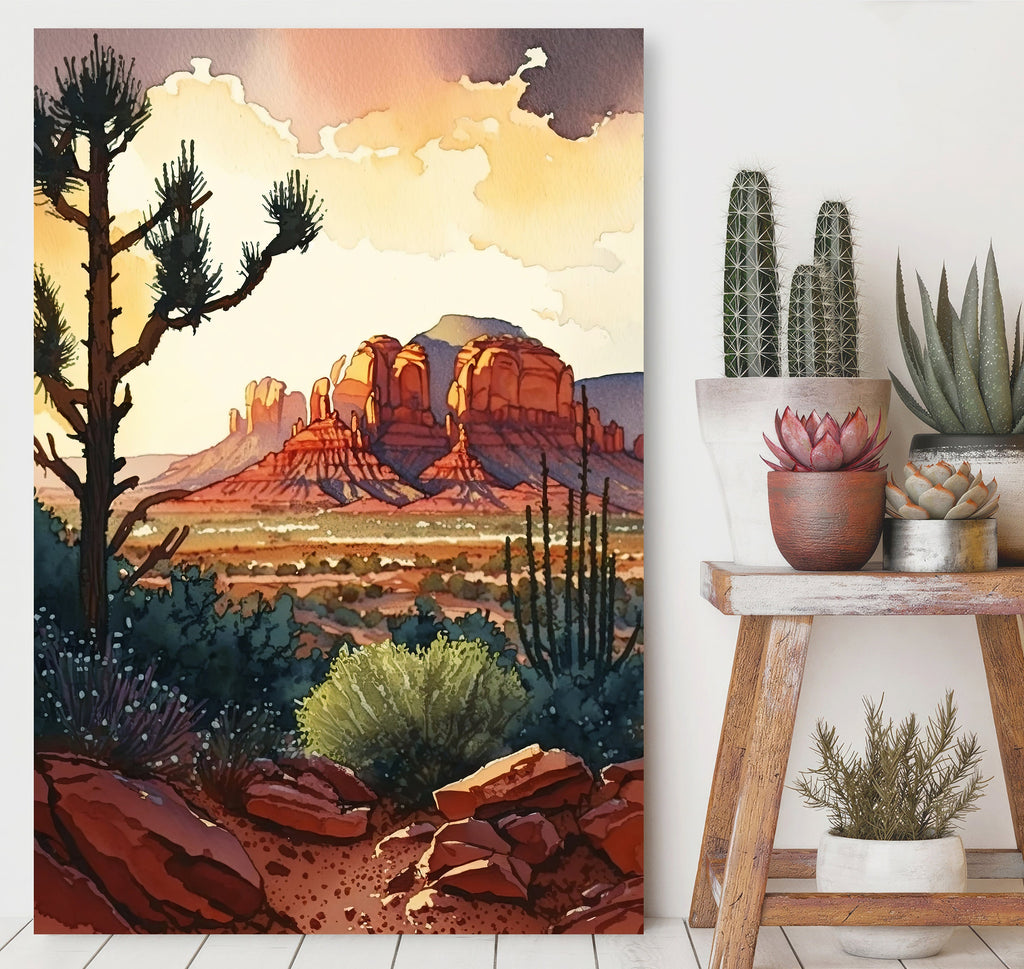 Watercolor Sedona Arizona Sunset Art Print Southwest Wall Art Landscape Gift Desert Home Western Decor