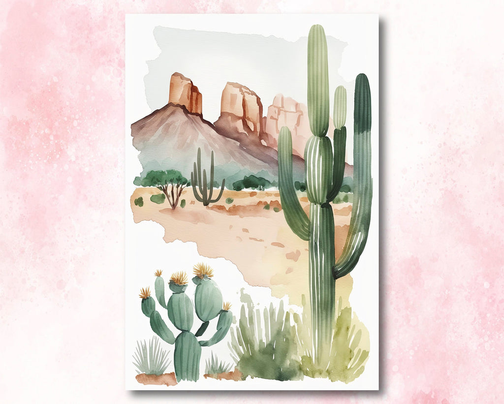 Minimalist Sonoran Desert Cactus Wall Art Southwest Nature Inspired Watercolor Print Western Boho Decor Southwestern Landscape Painting Gift