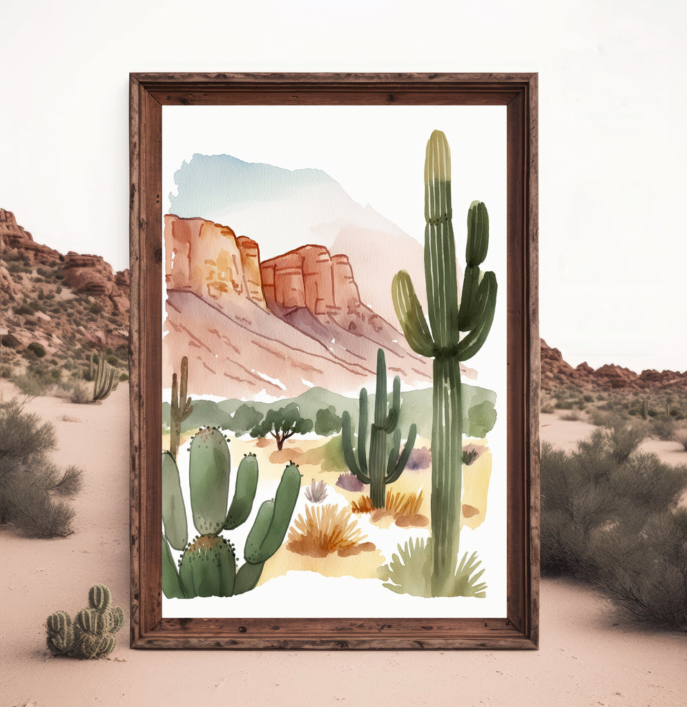 Minimalist Sonoran Desert Cactus Wall Art Southwest Nature Inspired Watercolor Print Western Boho Decor Southwestern Landscape Painting Gift