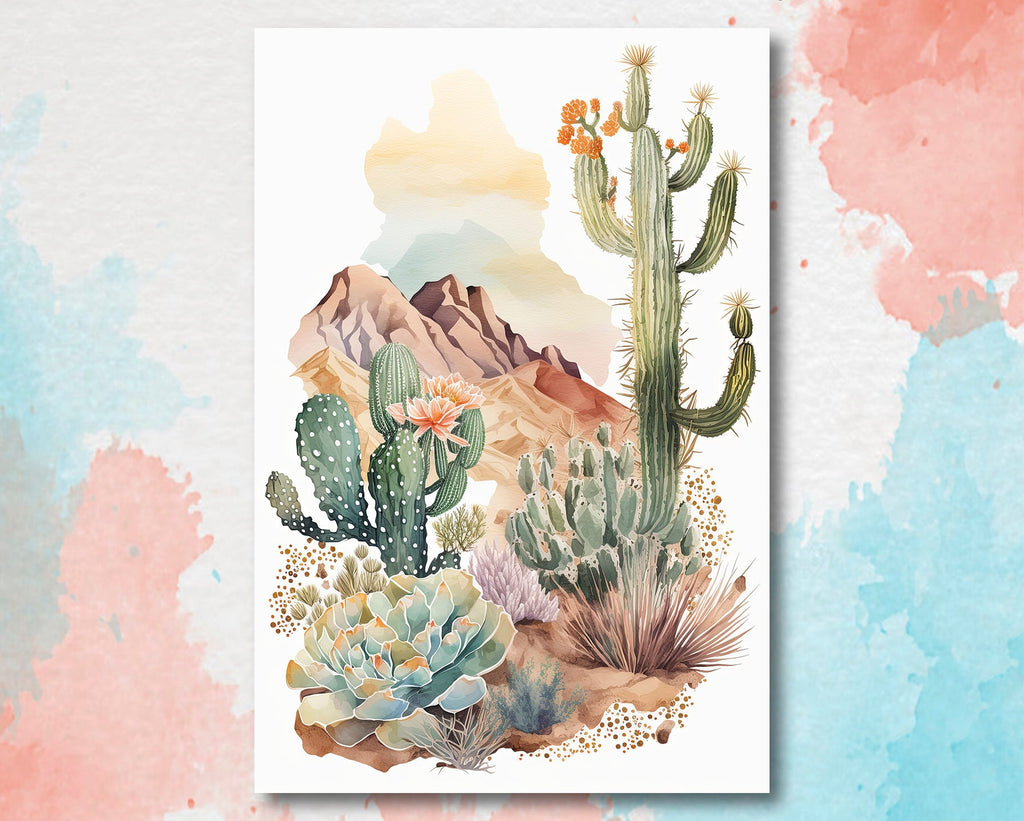 Desert Landscape Print Colorful Watercolor Wall Art Southwest Gift Saguaro Cactus Beautiful Nature Home Decor