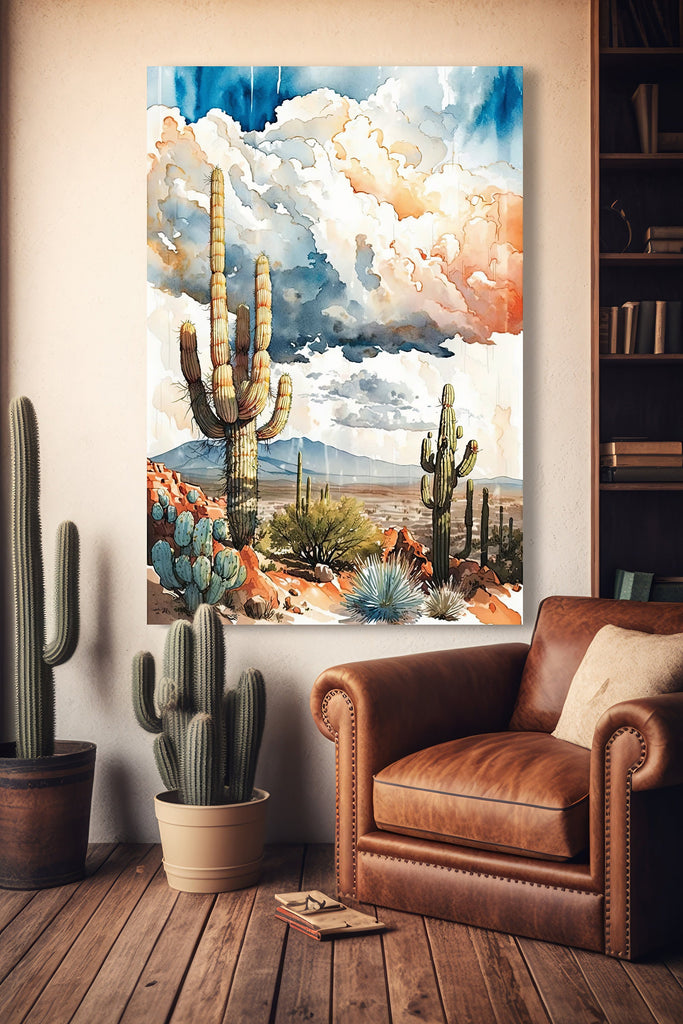 Desert Landscape Print Colorful Watercolor Wall Art Rainy Southwest Gift Saguaro Cactus Beautiful Nature Home Decor