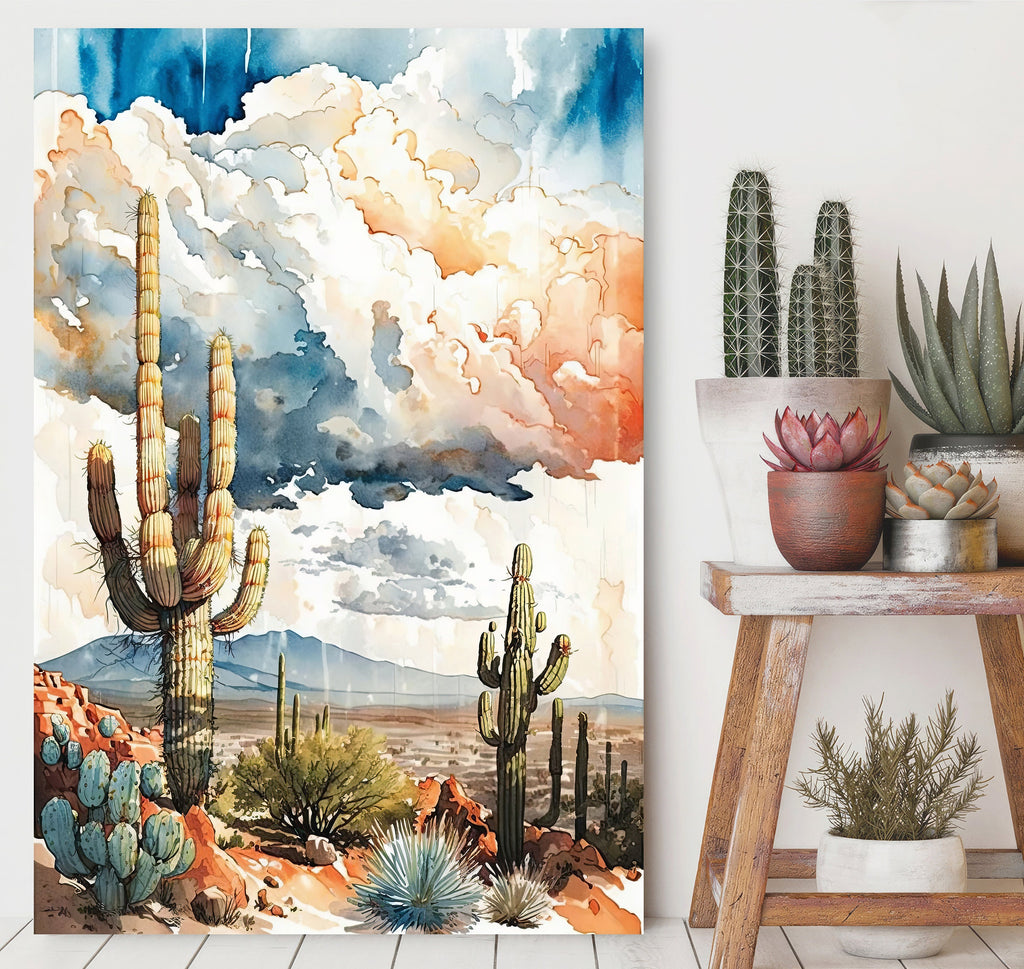 Desert Landscape Print Colorful Watercolor Wall Art Rainy Southwest Gift Saguaro Cactus Beautiful Nature Home Decor