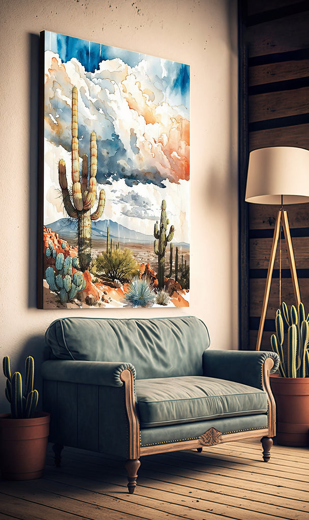 Desert Landscape Print Colorful Watercolor Wall Art Rainy Southwest Gift Saguaro Cactus Beautiful Nature Home Decor