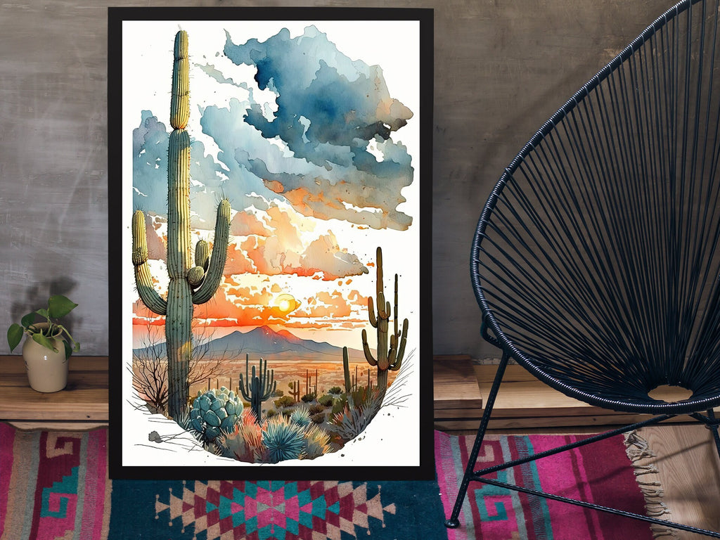 Desert Sunset Print Colorful Watercolor Wall Art Southwest Landscape Gift Saguaro Cactus Beautiful Nature Home Decor