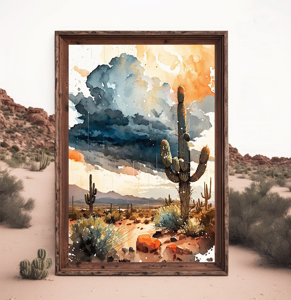 Desert Landscape Print Colorful Rainy Watercolor Wall Art Southwest Gift Saguaro Cactus Beautiful Nature Home Decor