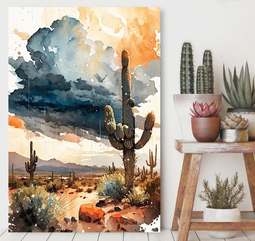 Desert Landscape Print Colorful Rainy Watercolor Wall Art Southwest Gift Saguaro Cactus Beautiful Nature Home Decor