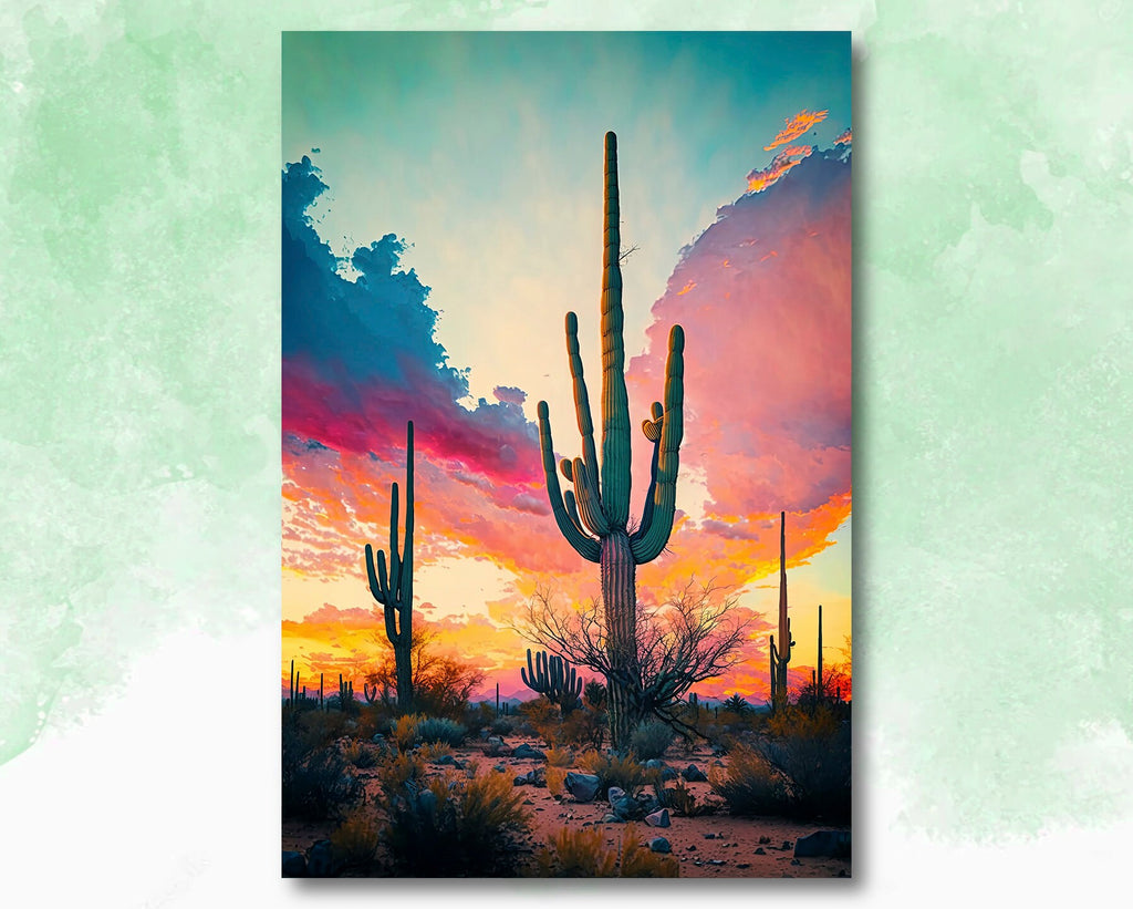 Desert Sunset Print Colorful Watercolor Wall Art Southwest Landscape Gift Saguaro Cactus Beautiful Nature Home Decor