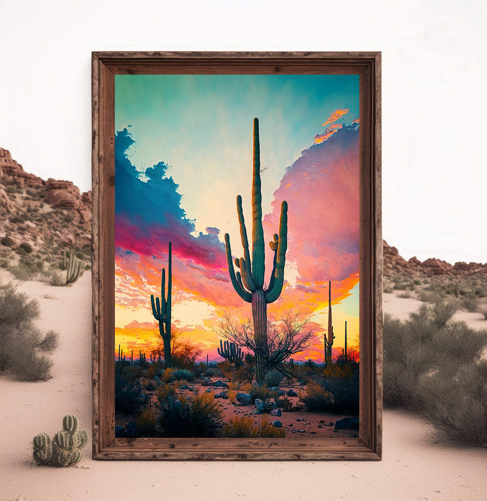 Desert Sunset Print Colorful Watercolor Wall Art Southwest Landscape Gift Saguaro Cactus Beautiful Nature Home Decor