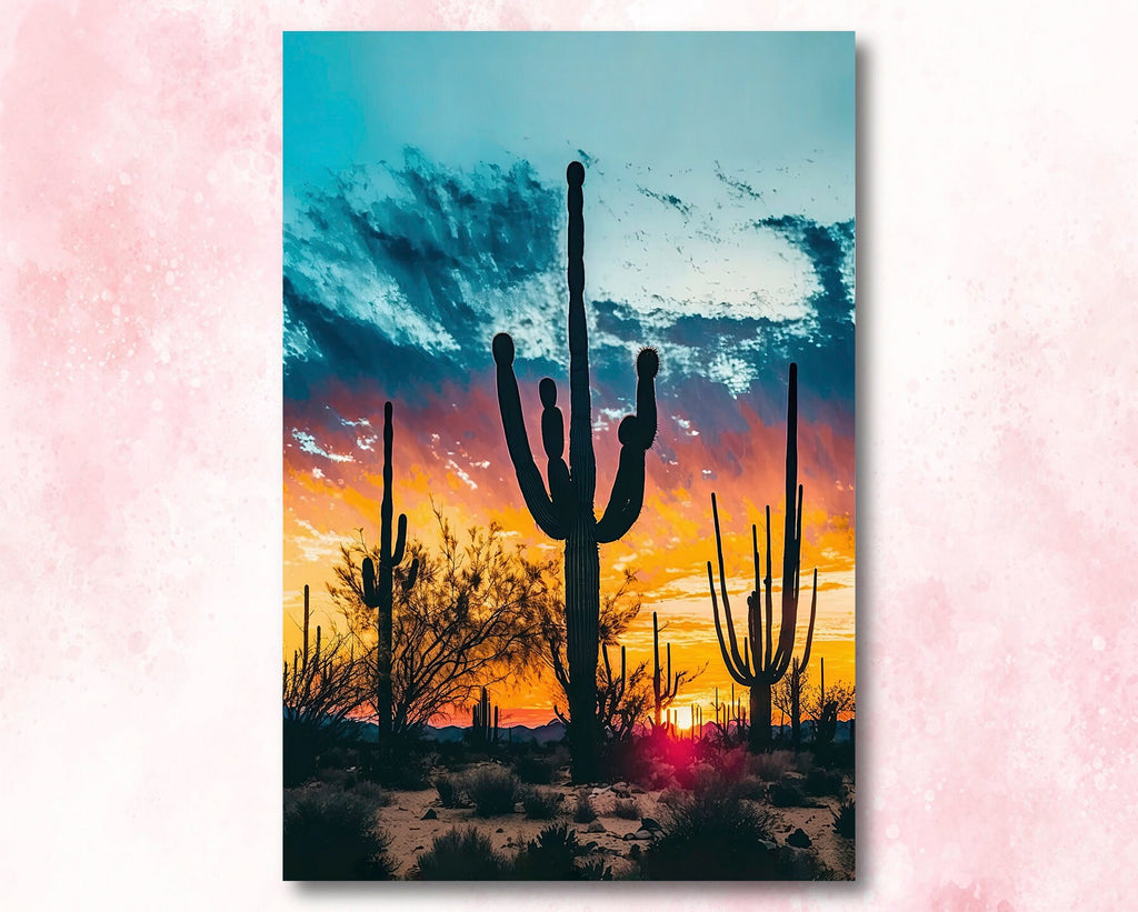 Desert Sunset Print Colorful Watercolor Wall Art Southwest Landscape Gift Saguaro Cactus Beautiful Nature Home Decor