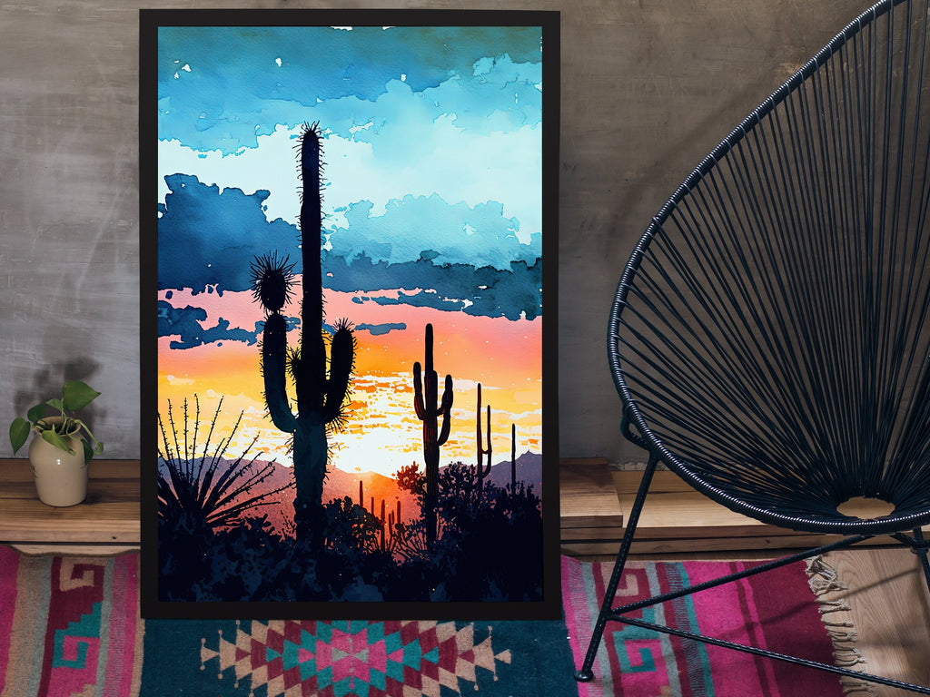 Desert Sunset Print Colorful Watercolor Wall Art Southwest Landscape Gift Saguaro Cactus Beautiful Nature Home Decor