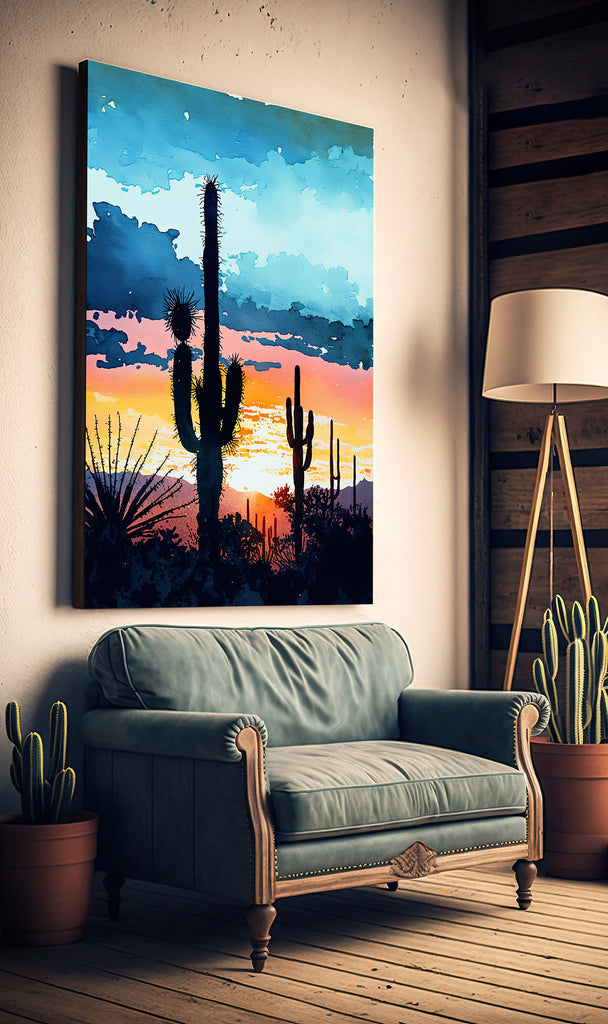 Desert Sunset Print Colorful Watercolor Wall Art Southwest Landscape Gift Saguaro Cactus Beautiful Nature Home Decor